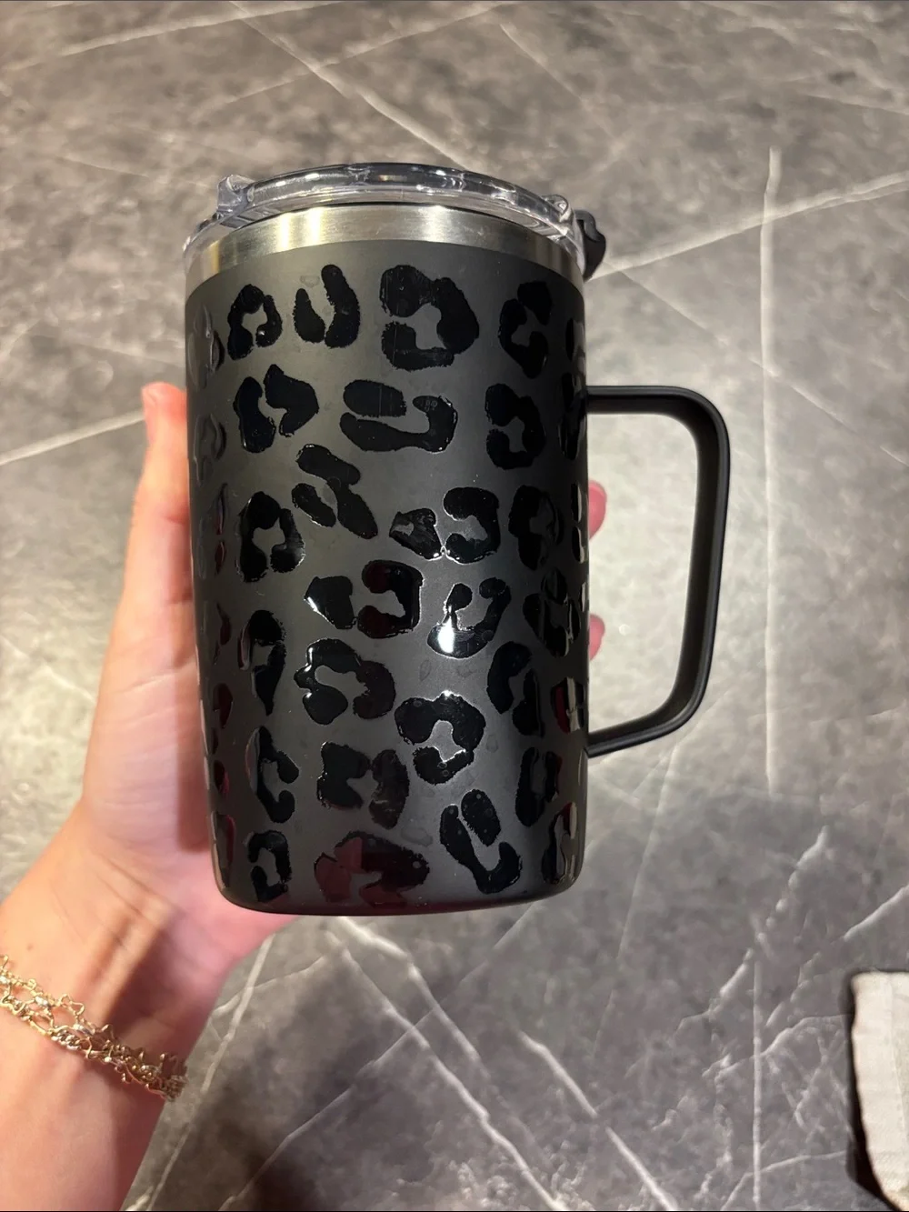 BrüMate Leopard Print Black Travel Mug with Handle